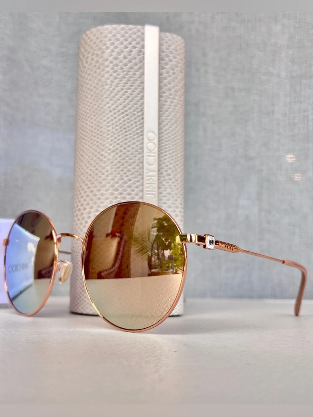 JIMMY CHOO Kat Mirrored Metal Frame Swarovski Crystal sunglasses ROSE GOLD